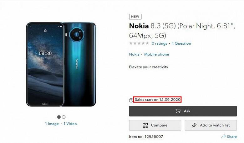 Смартфон Nokia 8.3 вийде в реліз осінню
