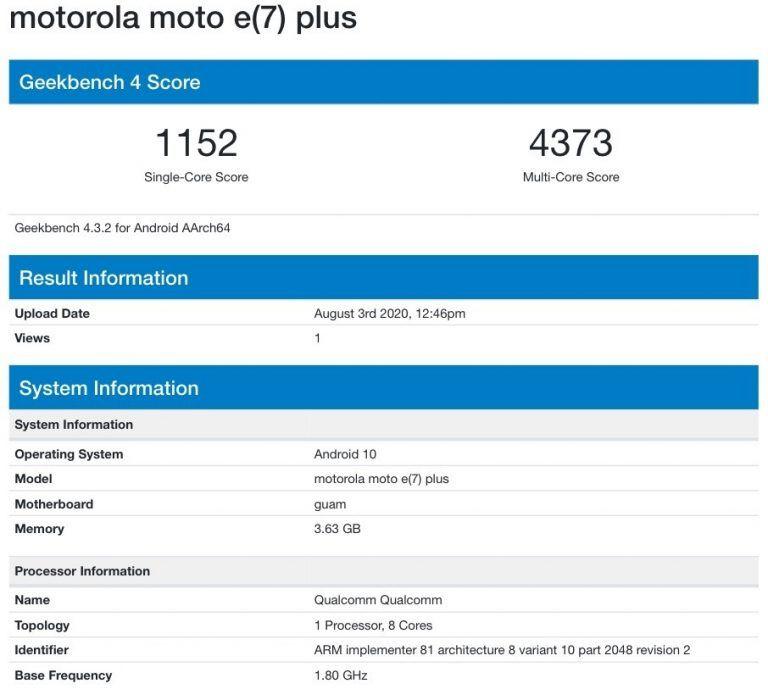 Motorola Moto E7 Plus помічений на Geekbench